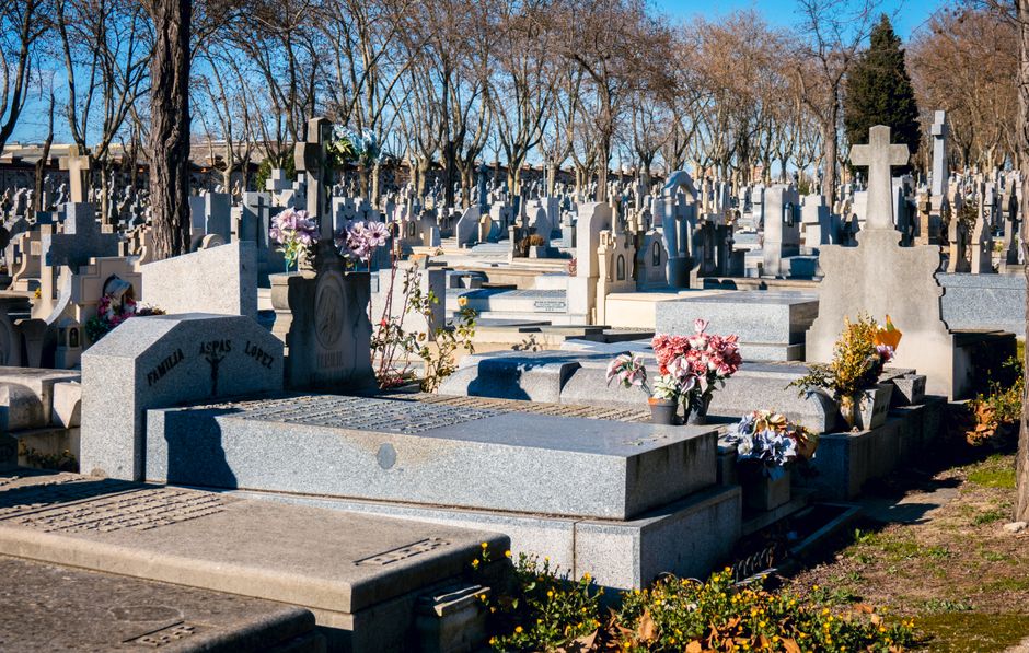 A wide view of a cemetery with numerous gray stone gravestones and crosses under a canopy of leafless trees, indicating late autumn or winter. In the foreground, a granite grave is decorated with fres