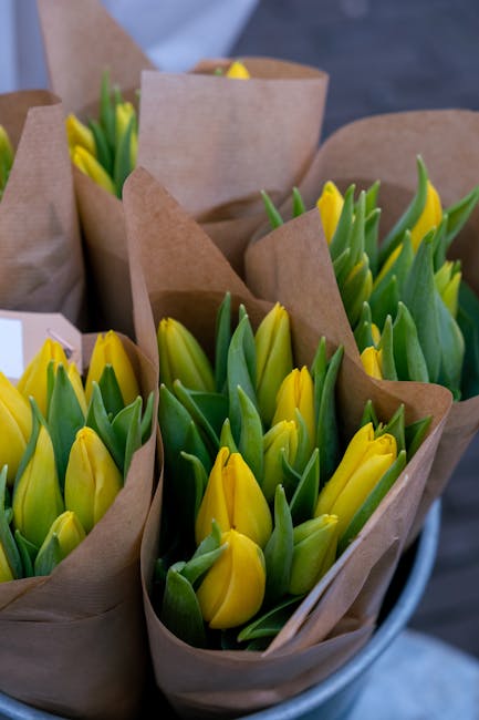 An arrangement of fresh yellow tulips with vibrant green leaves, wrapped individually in rustic brown kraft paper. The tulips are tightly grouped, showcasing their smooth petals and sturdy stems, with